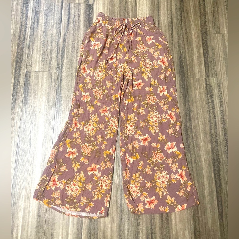 American Eagle Wide Leg Palazzo Pants M Floral Purple Pink Pull On Elastic Waist - Picture 2 of 7